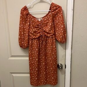 Monteau Orange Ruched Sundress with Puff Sleeves